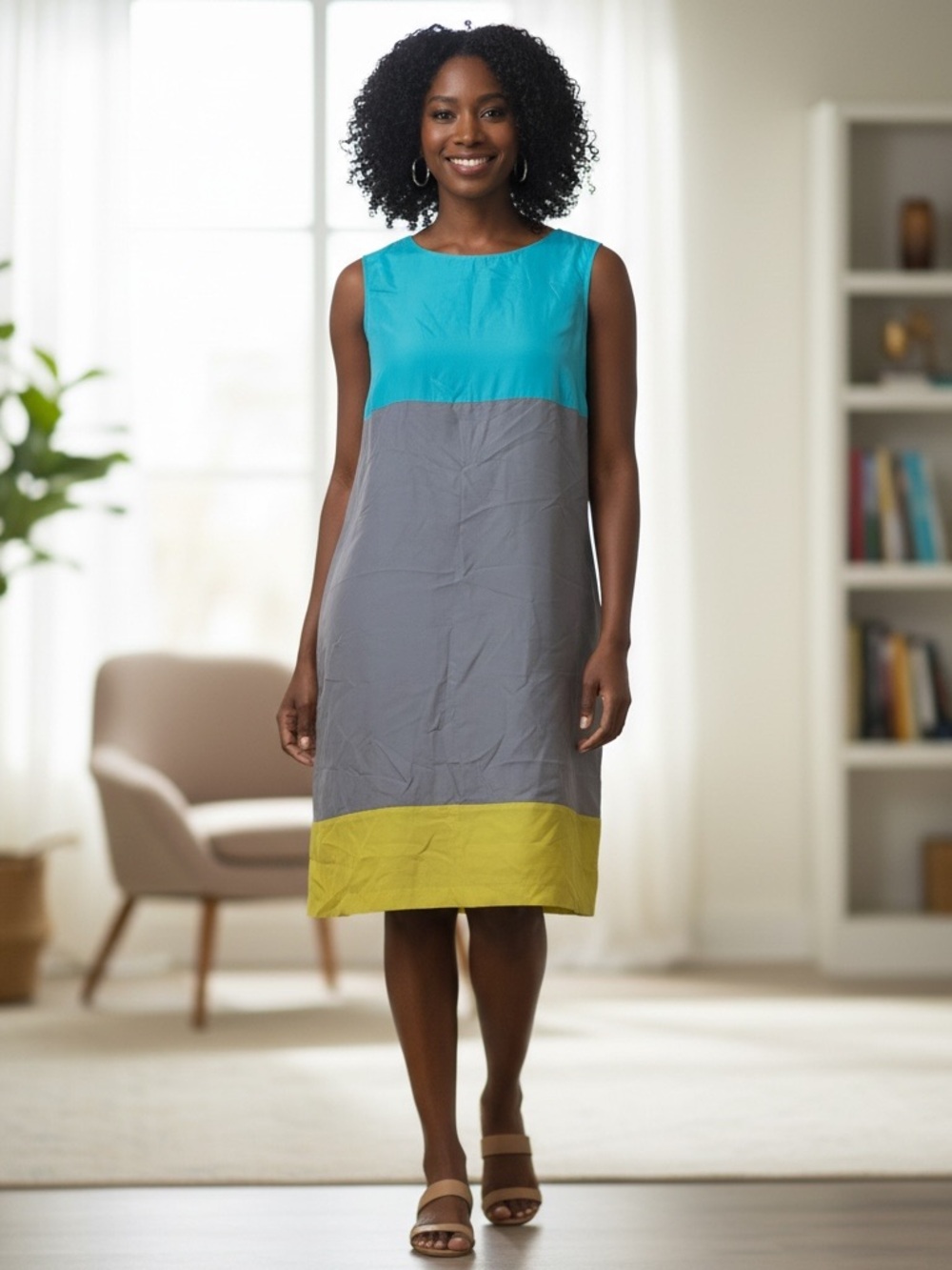 Odille Teal, Gray & Lime Colorblock Midi Dress